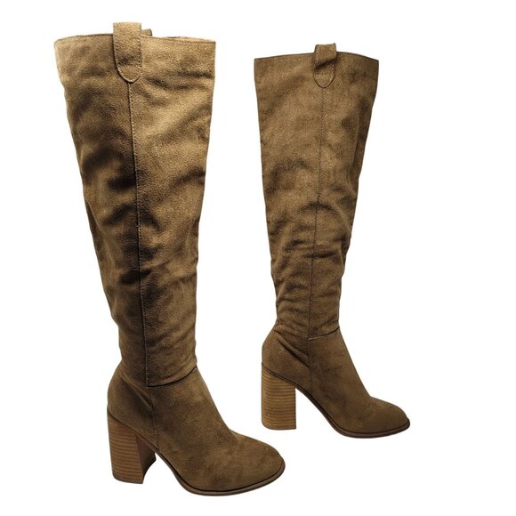 Oasis Society Vegan Faux Suede Knee-High Boots Sz 6.5 Tan Tall Heeled Riding - Picture 6 of 12